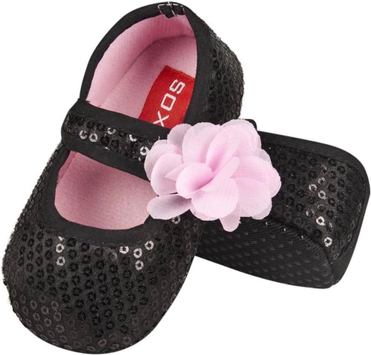 Soxo Babyslofjes Ballerina Zwart Roze Bloem Glitterschoentjes Zachte Textiel Slofjes met Antislip Zool voor Meisjes Zwarte babyslofjes Roze bloem slofjes Glitterschoentjes voor baby Glitterschoenen voor baby