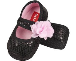 Soxo Babyslofjes Ballerina Zwart Roze Bloem Glitterschoentjes – Maat 16-18 – Zachte Textiel Slofjes met Antislip Zool voor Meisjes (0-6 maanden) - Zwarte babyslofjes - Roze bloem slofjes - Glitterschoentjes voor baby - Glitterschoenen voor baby