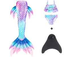 Joya Kids® Zeemeerminstaart met bikini met MONOVIN verkleed set Blauw en Paars | Staart met bijpassende bikini | Mermaid Staart | Prinsessen jurk | Zeemeermin Verkleedkleding meisje | Maat 130 | Incl MONOVIN