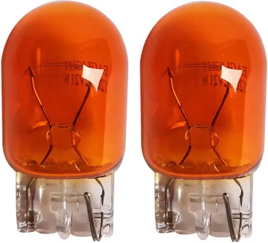 Twee oranje T20 WY21W halogeenlampen met een glazen bol en metalen fitting.
