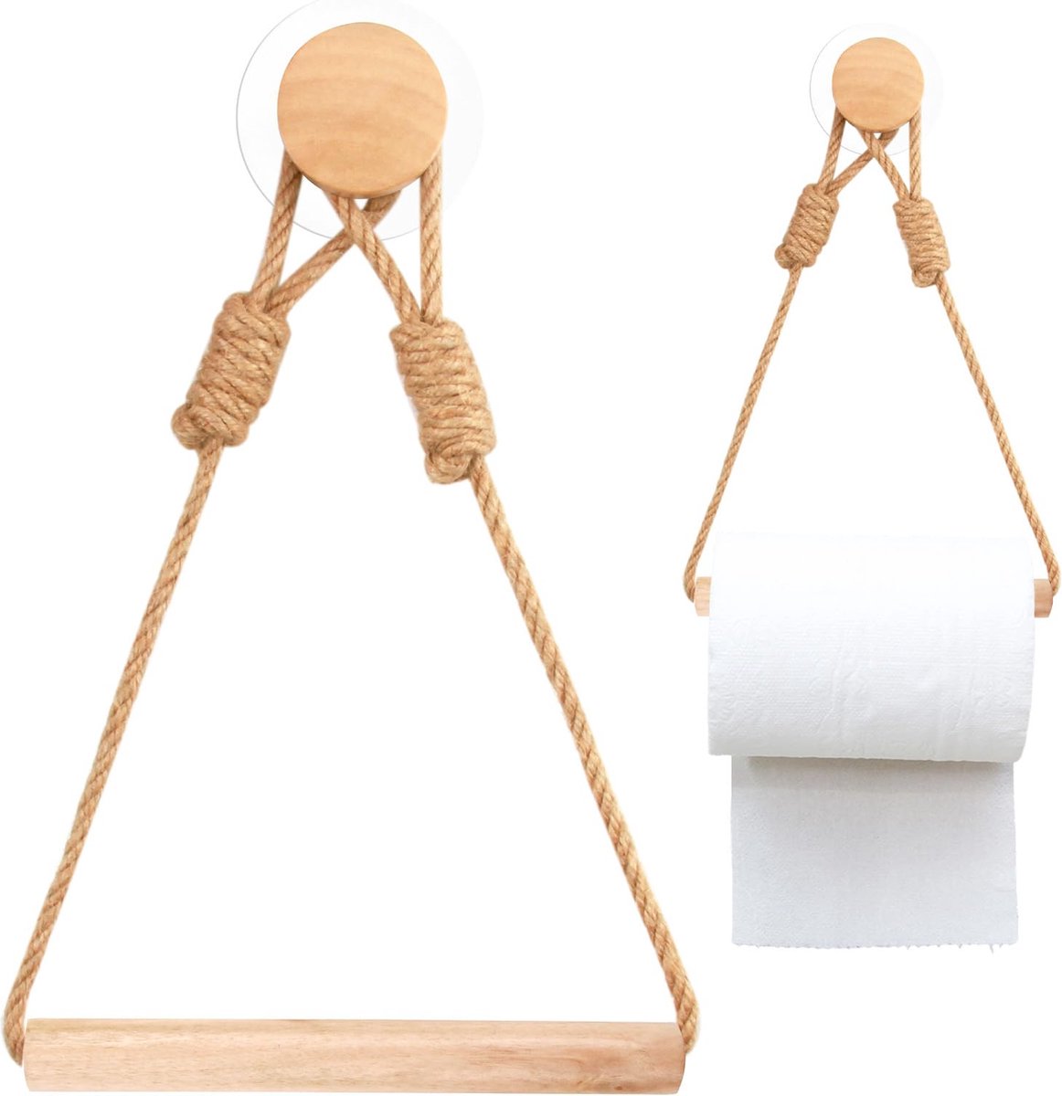 La'Moussawi ® Stijlvolle Houten en Touw Toiletrolhouder zonder Boren voor Badkamerdecoratie