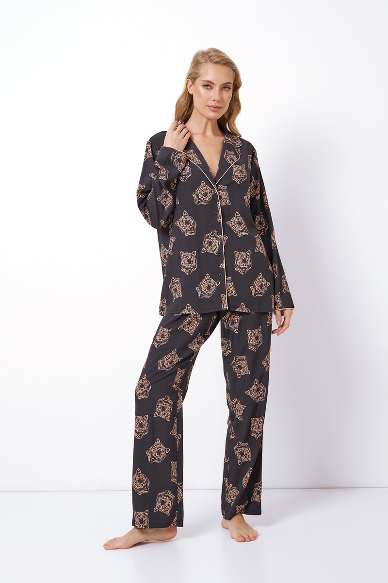 Aruelle Dames pyjama set Taya-tijgerprint-oversized top met lange mouwen-losse broek-zwart