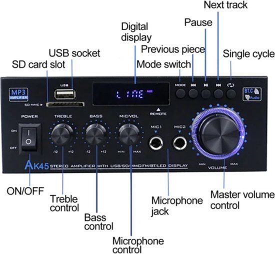 Amplificateur de Power HIFI Bluetooth | 800 W | Amplificateur numérique | Surround stéréo | Lecteur multimédia | Karaoké