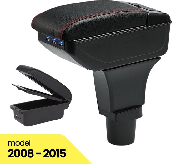 Zwarte armsteun met rode stiksels, openklapbaar opbergvak en 3 zichtbare USB-poorten. Model 2008-2015.