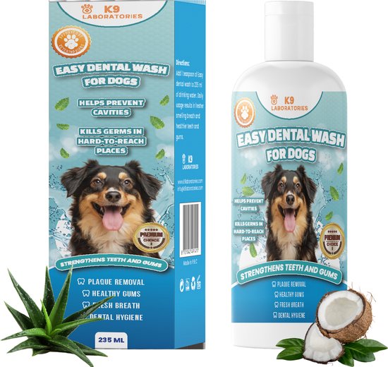 K9 Laboratories Mondwater Hond - Mega fles 237 ml - 100% natuurlijk - Bij tandplak en stinkende adem - Gebitsverzorging bij honden - Voorkomt en verwijdert tandsteen