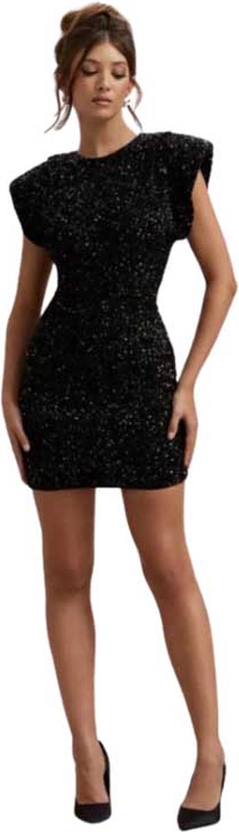 Elegante Glitter Zwart Jurk - Dress - Schouders - Galajurk - Dames - Glans