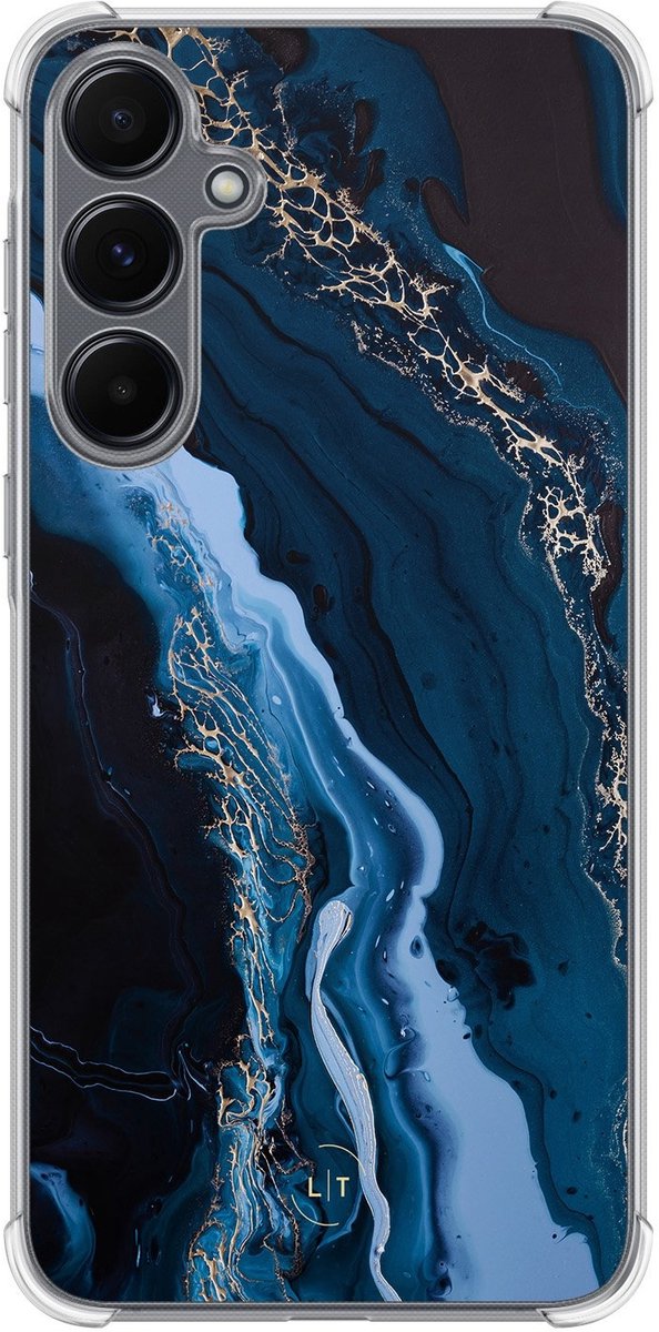 Shockproof hoesje - Geschikt voor Samsung Galaxy A15 - Marmer lagoon blauw - Extra sterke case - TPU/polycarbonaat - Marmer - Blauw, Transparant