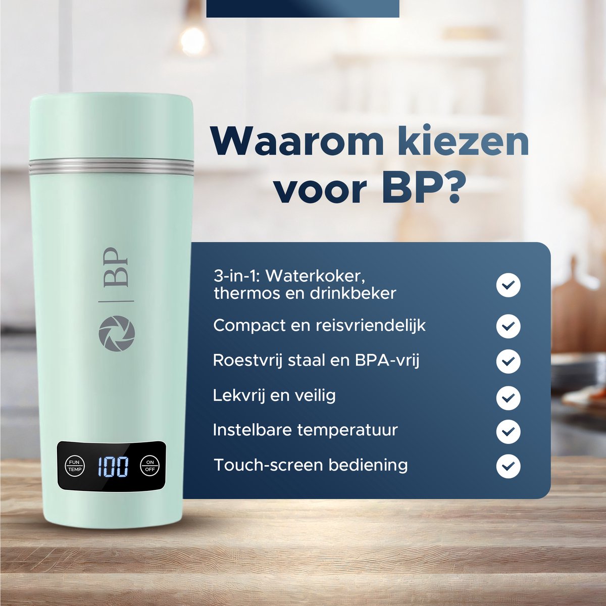 BP® Draagbare Waterkoker - Mini Waterkoker - Kleine Waterkoker - Reis Waterkoker - Camping Waterkoker - Met Temperatuurregeling - Roestvrij Staal - Groen – foto 7
