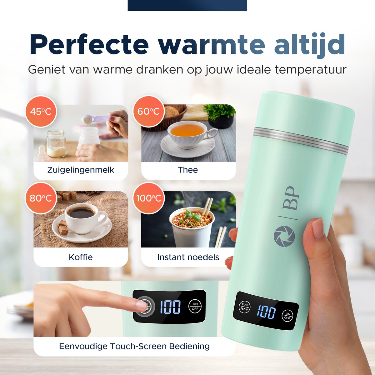 BP® Draagbare Waterkoker - Mini Waterkoker - Kleine Waterkoker - Reis Waterkoker - Camping Waterkoker - Met Temperatuurregeling - Roestvrij Staal - Groen – foto 6