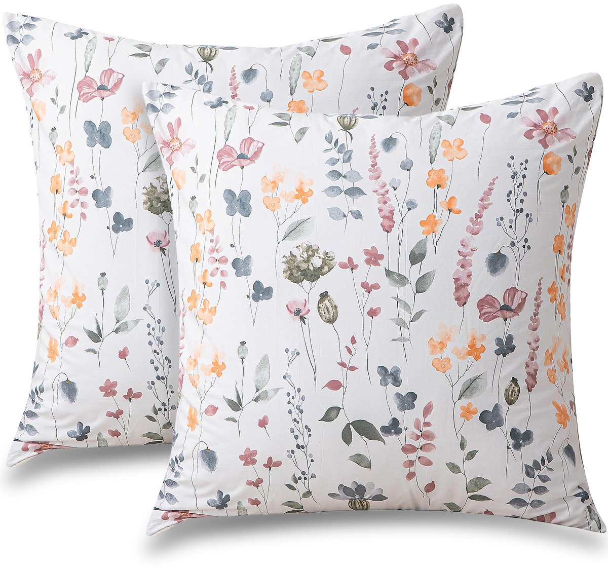 My Ninki ® Kleurrijke Bloemenpatroon Kussenslopen van 100% Katoen met Verborgen Ritssluiting in Set van 2 wit