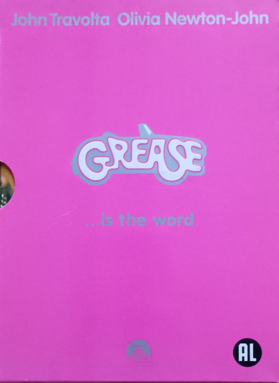 Roze voorkant van een 'GREASE' doos met de tekst 'John Travolta Olivia Newton-John ...is the word'.