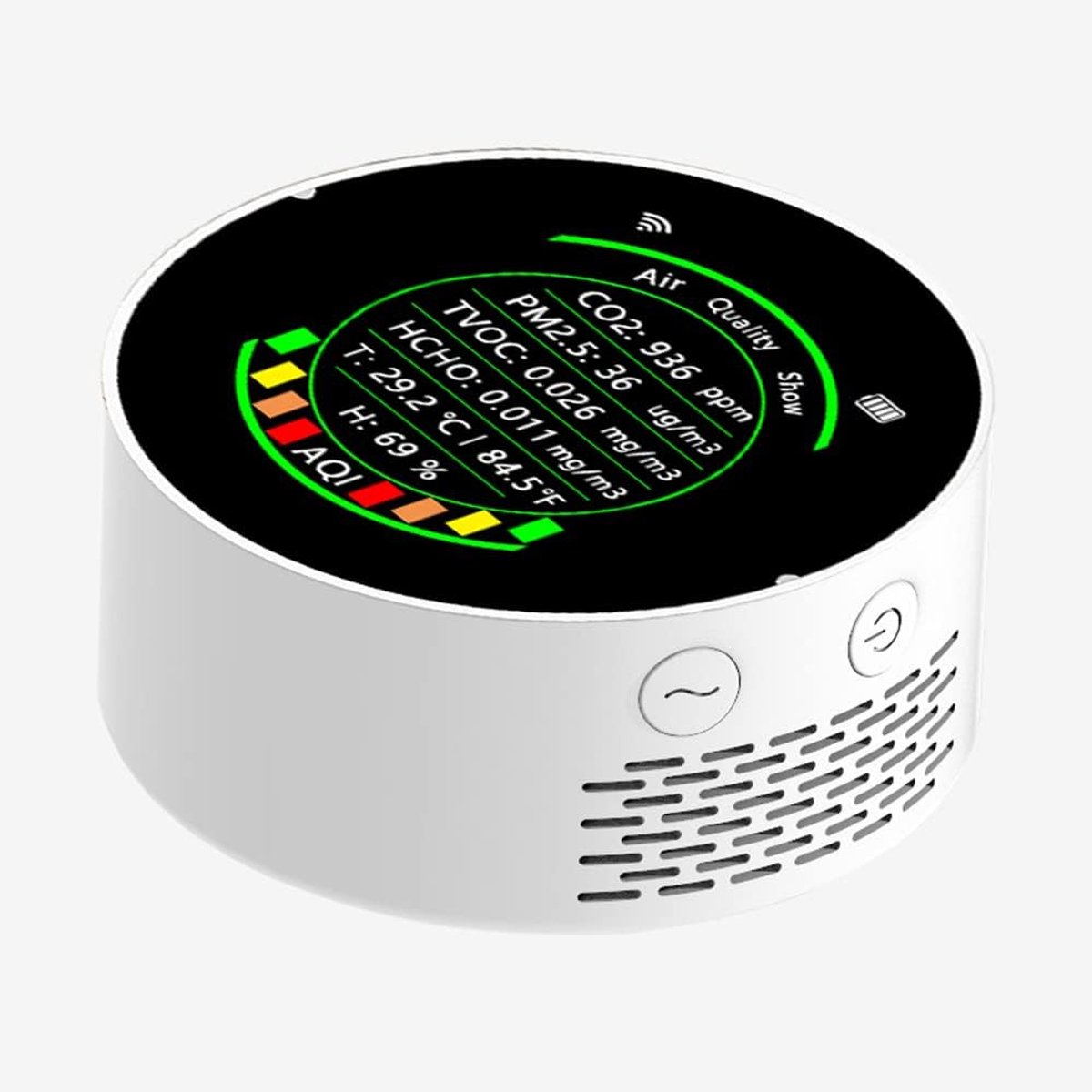 Multifunctionele Luchtkwaliteitsmeter voor PM2.5, CO2, TVOC, HCHO, Temperatuur en Vochtigheid met Alarmfunctie