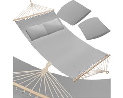tectake® Dubbele hangmat voor 2 personen - Inclusief 2 kussens en spreidstokken - Ligvlak ca. 230x145 cm - Draagvermogen tot 240 kg - Diverse kleuren - Grijs