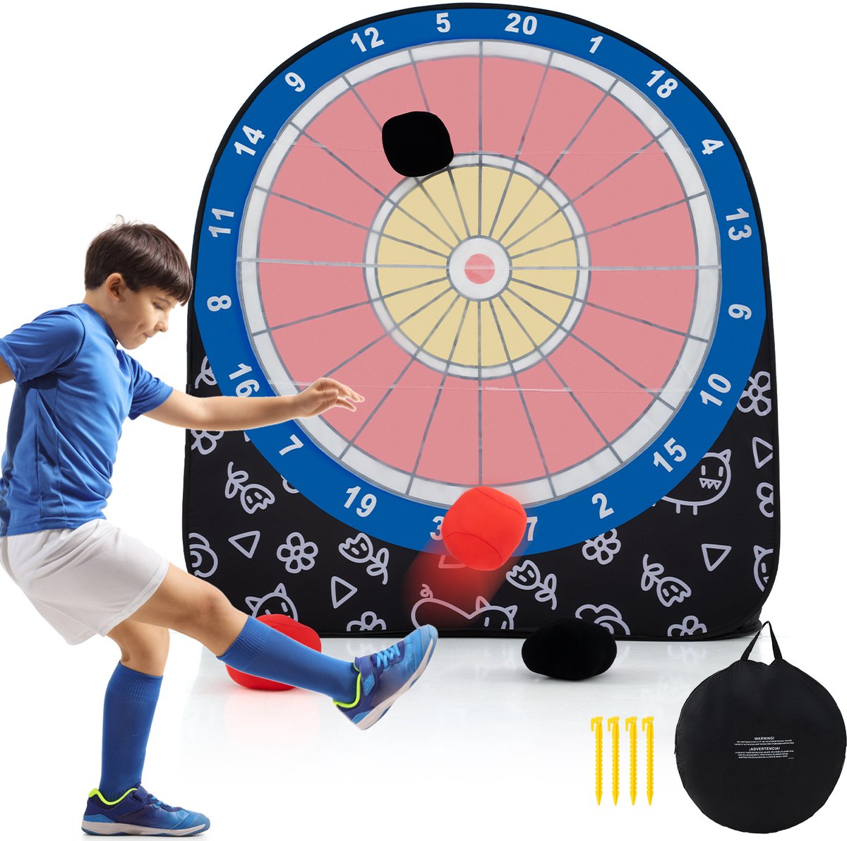 COSTWAY Groot dartbord voor kinderen, dartwerpspel set met 4 kickballen en draagtas, voetbaldart voor tuin, familiespel voor volwassenen en kinderen vanaf 6