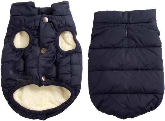 Donkerblauw, gewatteerd hondenjack met beige fleece voering, drukknopen en openingen voor de poten.
