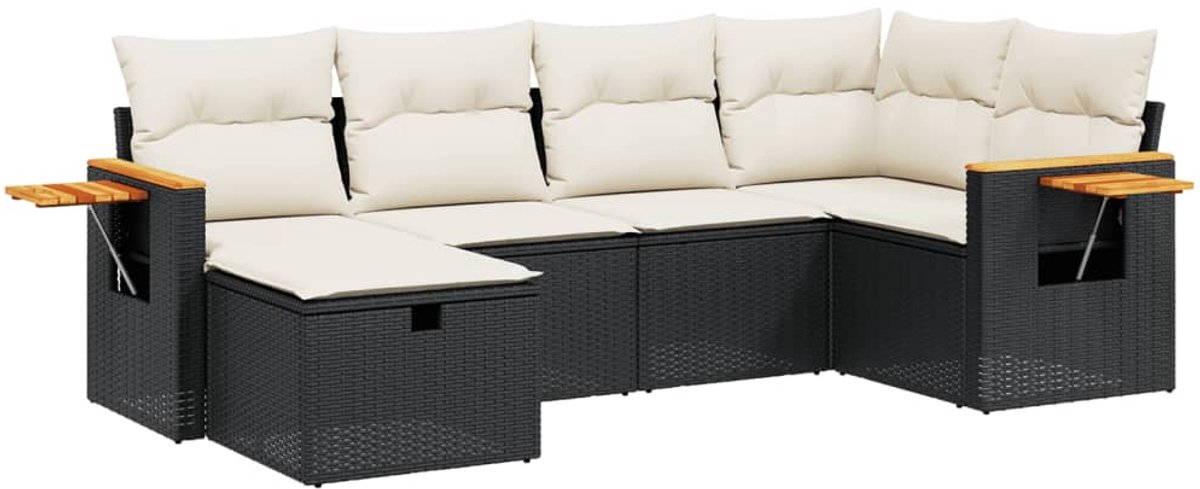 The Living Store 6-delige Loungeset met kussens poly rattan zwart - Loungeset - Tuinset - PE-rattan - Buitendecoratie - Tuinmeubels