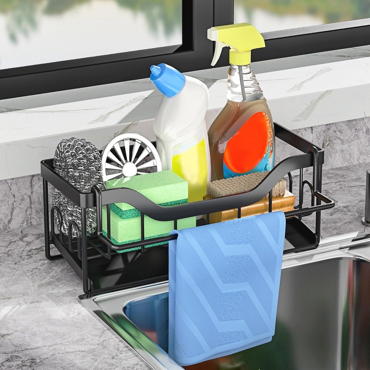 Spoelbak Organizer zwart keuken-gootsteenorganizer sponshouder met zelflegende afvoer - afwasmiddelhouder - spoeldoekhouder spoelbakplank