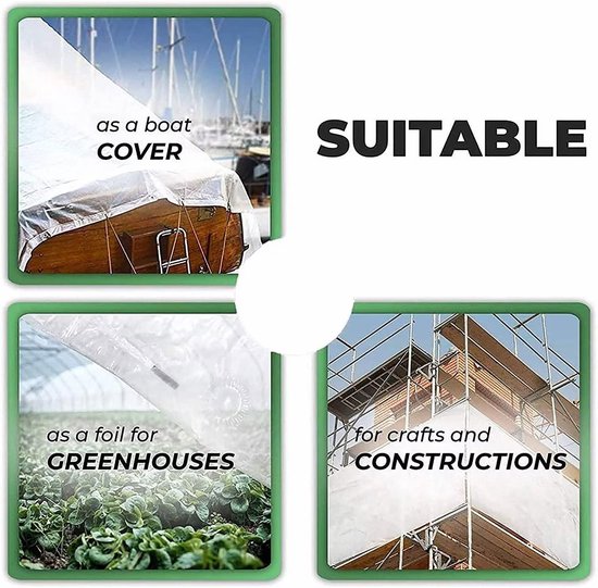 Bâche transparente utilisée comme couverture de bateau, comme film pour serre et pour des constructions.