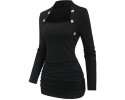 Stijlvolle Bourgondische Lange Mouwen Top met Decoratieve Knopen - Casual Hoge Hals, Rekbare Polyester-Spandex Mix, Machinewasbaar - Perfect voor Herfst/Winter