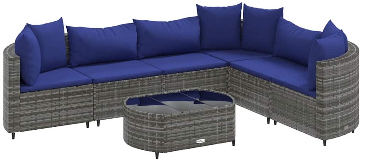 The Living Store 7-delige Loungeset met kussens poly rattan grijs - Loungebank - Lounge Set - Buitendecoratie - Tuinmeubels - Loungestoel