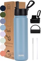 VANN® 3-Wandige RVS Drinkfles 650 ML met rietje voor volwassenen – Met 5 accessoires – bidon – 24 uur koud/12 uur warm – Bay Blue – VANN ULTIMATE BOTTLE®