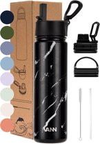 VANN® 3-Wandige RVS Drinkfles 650 ML met rietje voor volwassenen – Met 5 accessoires – bidon – 24 uur koud/12 uur warm – Black Marble – VANN ULTIMATE BOTTLE®