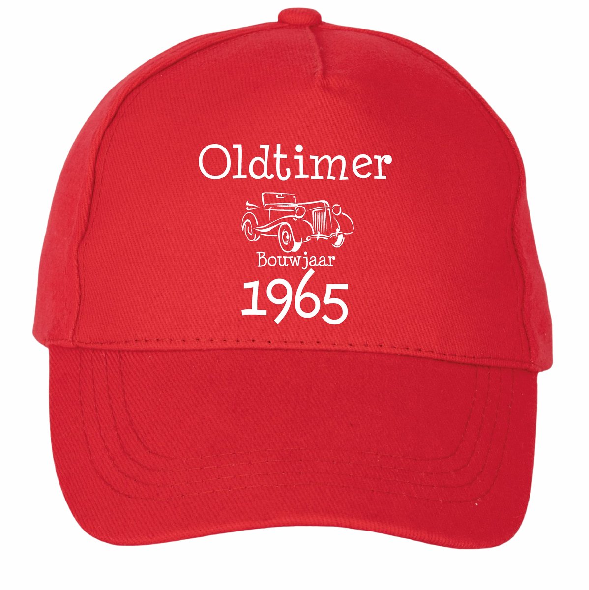 Mijncadeautje - 5 panel - Cap - Verstelbaar - Pet van 100% dik geborsteld katoen- unisex - opdruk wit - Oldtimer 1965 - rood