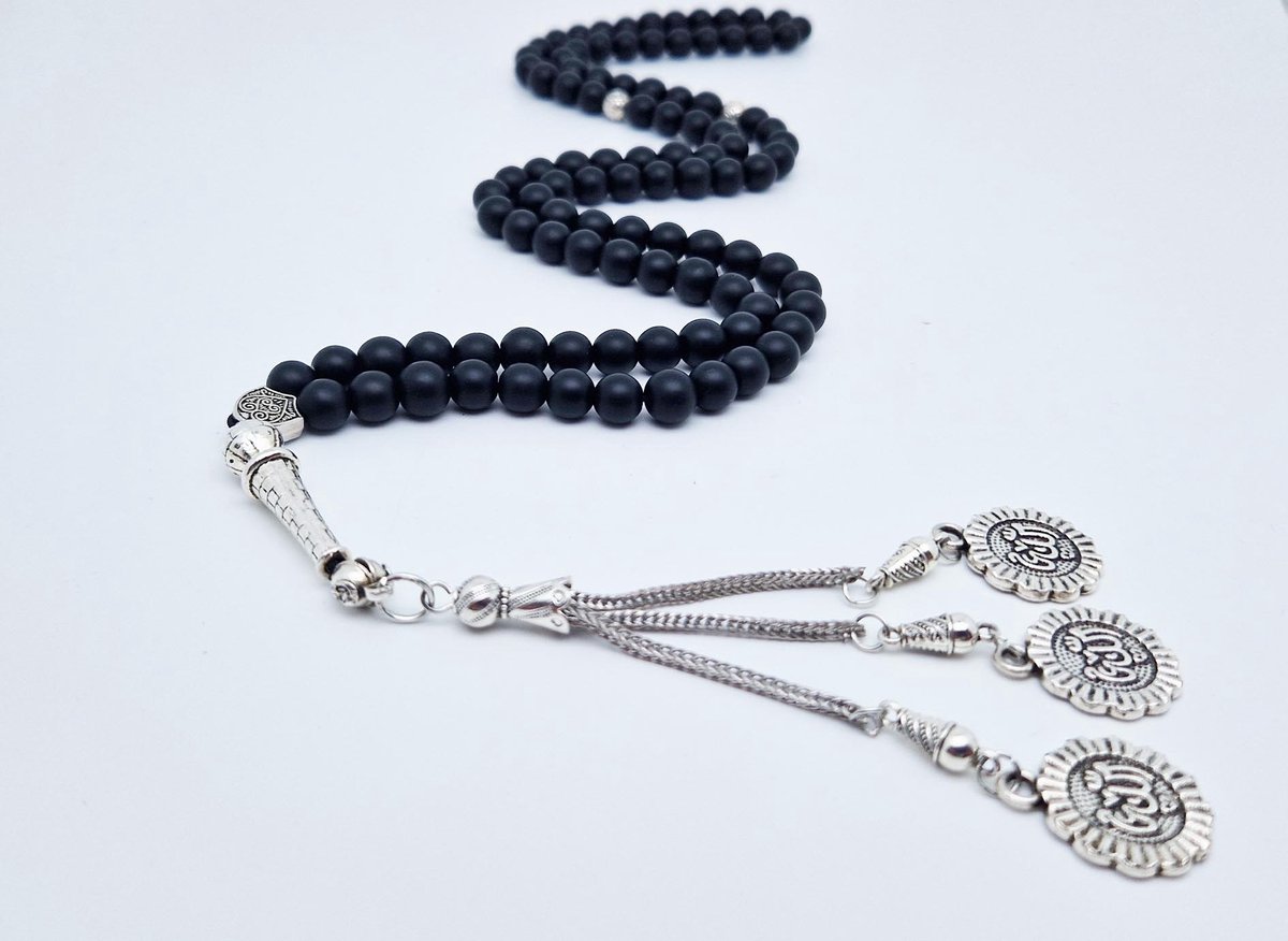 Handgemaakte tesbih "Tasbih" natuursteen "Mat zwart onyx" - Aantal kralen 99 - Diameter kralen 8MM - met metaal tassel "Allah" - Een mooi cadeau-idee
