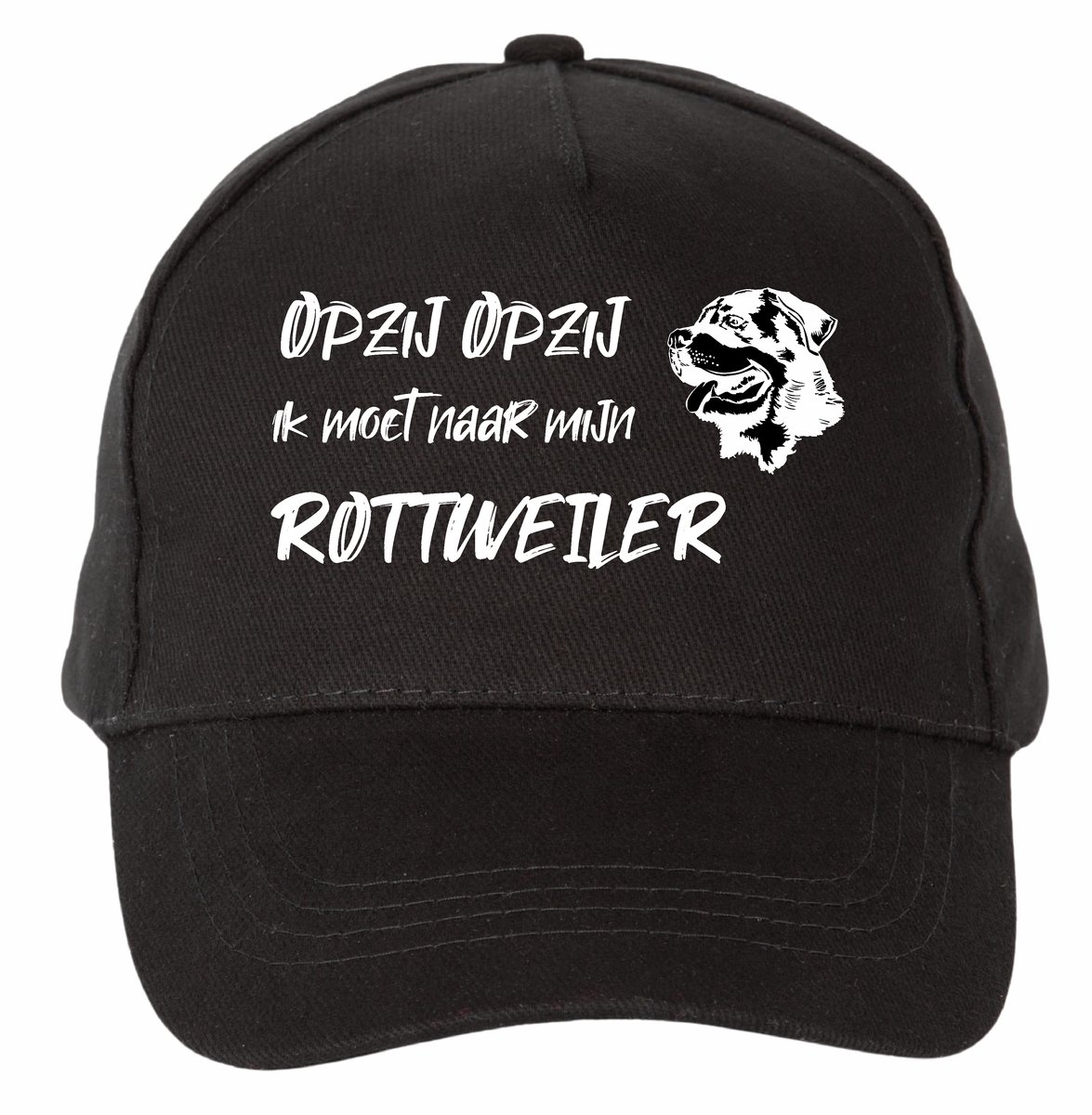 Mijncadeautje - 5 panel - Cap - Verstelbaar - Pet van 100% dik geborsteld katoen- unisex - opdruk wit - opzij opzij naar mijn rottweiler - zwart