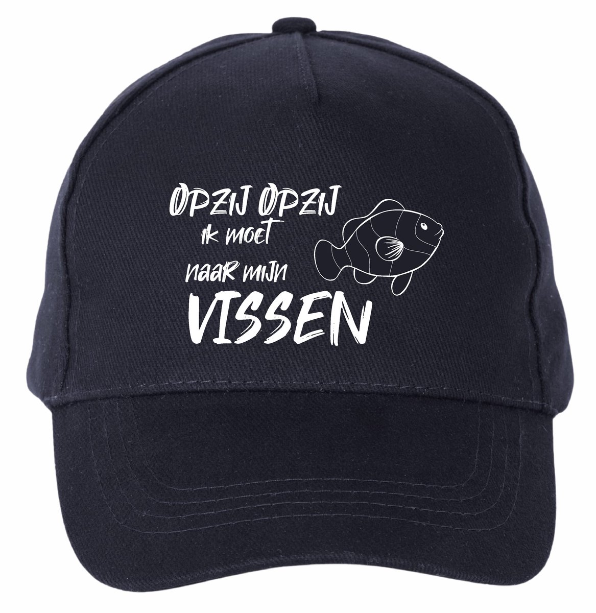 Mijncadeautje - 5 panel - Cap - Verstelbaar - Pet van 100% dik geborsteld katoen- unisex - opdruk wit - opzij opzij naar mijn vissen - navy blauw