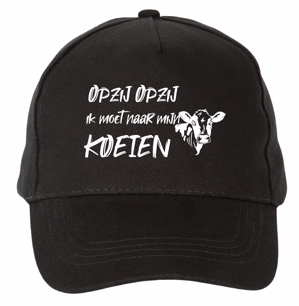 Mijncadeautje - 5 panel - Cap - Verstelbaar - Pet van 100% dik geborsteld katoen- unisex - opdruk wit - opzij opzij naar mijn koeien - zwart