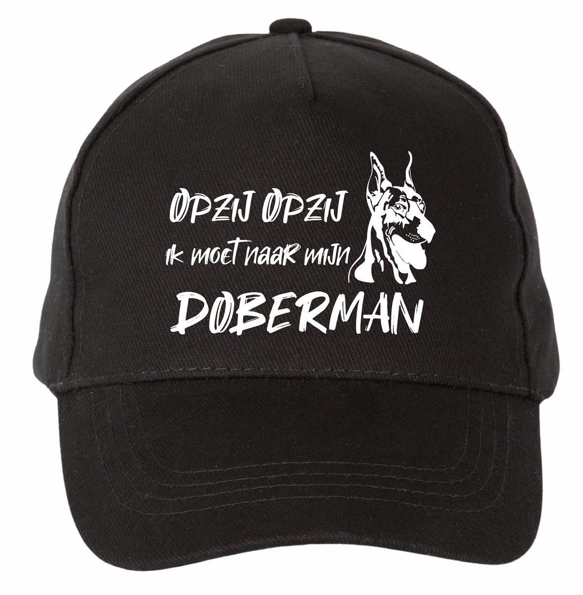 Mijncadeautje - 5 panel - Cap - Verstelbaar - Pet van 100% dik geborsteld katoen- unisex - opdruk wit - opzij opzij naar mijn doberman - zwart