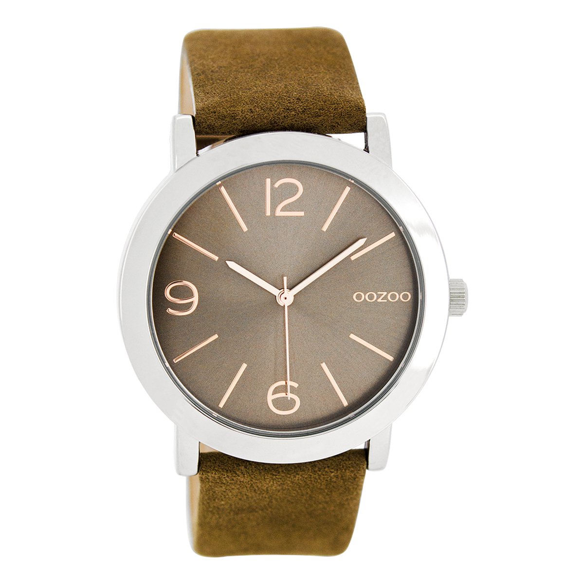 OOZOO Timepieces - Zilverkleurige horloge met bruine leren band - C8713