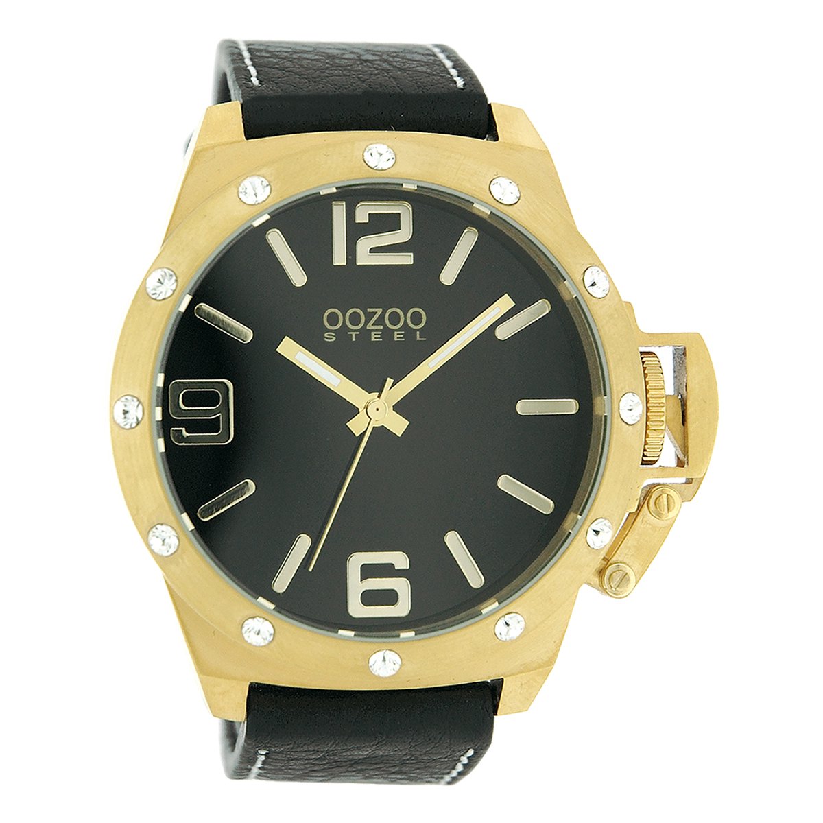 OOZOO Timepieces - Goudkleurige horloge met zwarte leren band - OS129