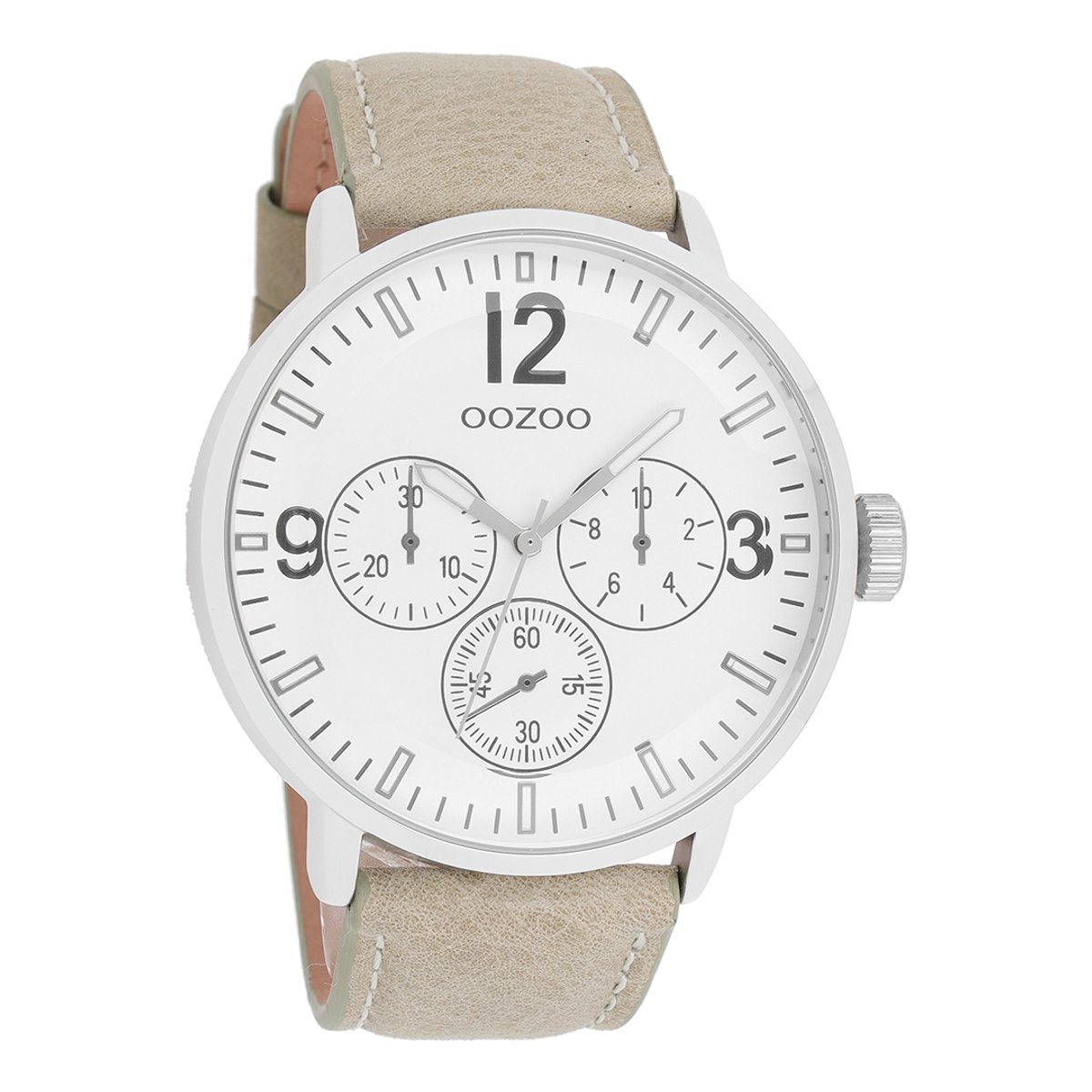 OOZOO Timepieces - Zilverkleurige horloge met beige leren band - C7046
