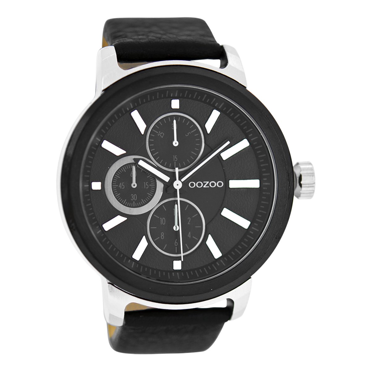 OOZOO Timepieces - Zilverkleurige horloge met zwarte leren band - C6069