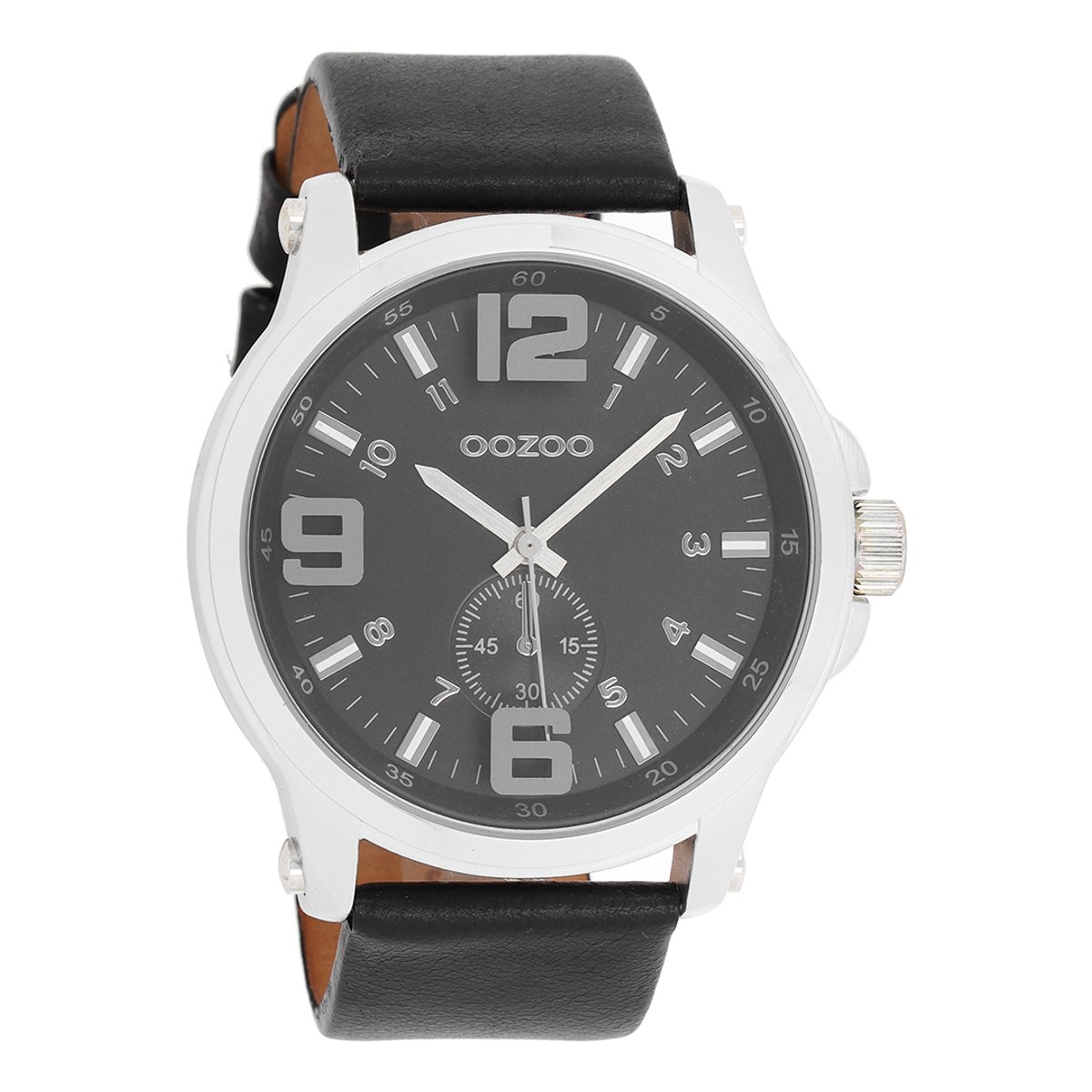 OOZOO Timepieces - Zilverkleurige horloge met zwarte leren band - C6459