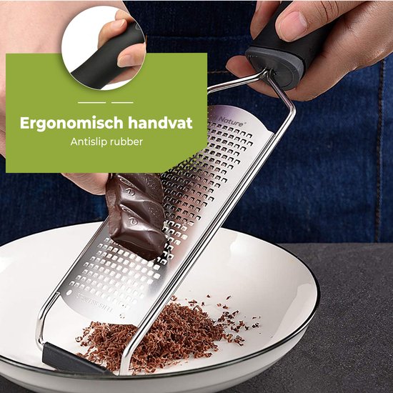 Râpe en acier inoxydable avec poignée ergonomique en caoutchouc antidérapant, râpant du chocolat en blocs.