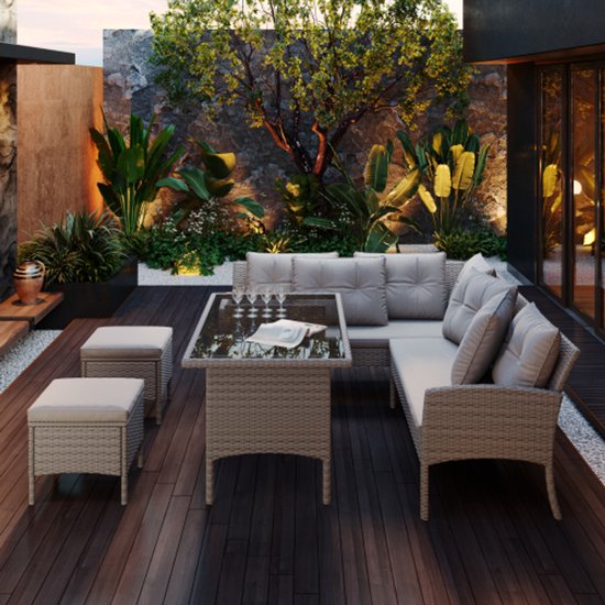 Poly rotan zitgroep eettafel lounge tuinmeubelen zitset tuinmeubelen set, tuin lounge voor 7 personen, met bank, tafel, kruk & kussens, afneembare en wasbare stoffen hoes, kleur khaki