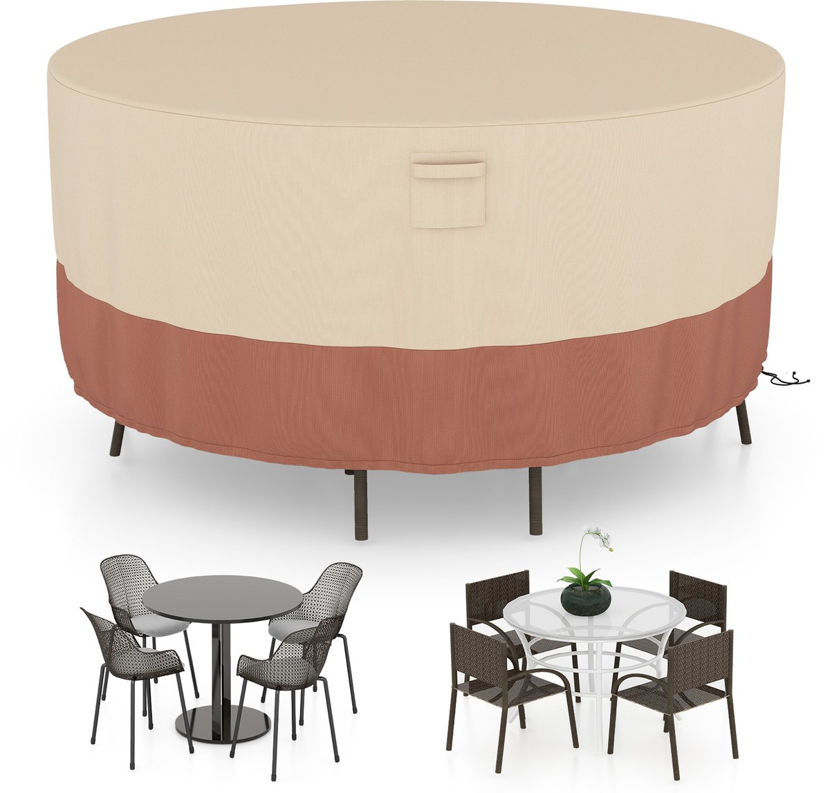 COSTWAY Afdekking voor tuinmeubelen, waterdichte en winterbestendige beschermhoes, stofdicht en zwaar Oxford-weefsel, rond afdekzeil voor tuintafels en stoelen, 213 x 213 x 70 cm, beige + bruin