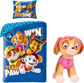 Paw Patrol Dekbedovertrek Team Paw- Eenpersoons- 140 x 200 cm - Katoen- blauw, incl. pluche pop Skye 27 cm