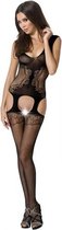 Jarretel Catsuit Met Visnet En Bloemenpatroon - One Size (S-L 34 - 40)