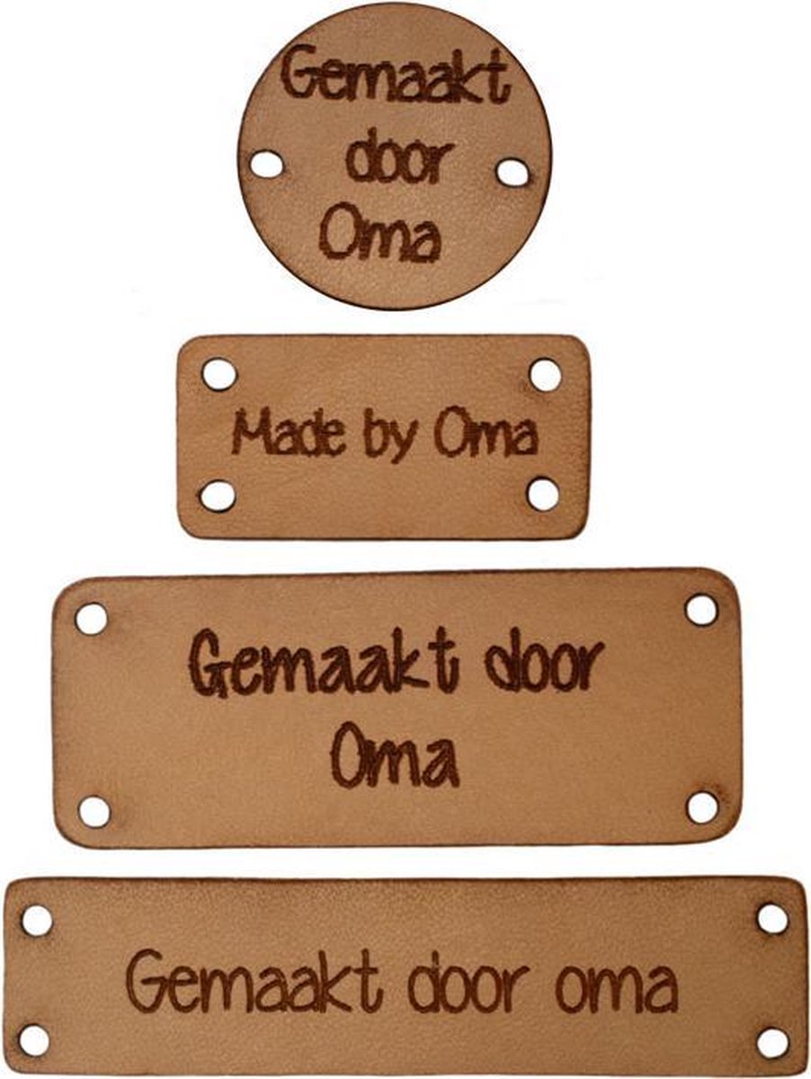 Leren labels diverse maten Gemaakt door Oma/ Made by Oma (4 stuks) - 