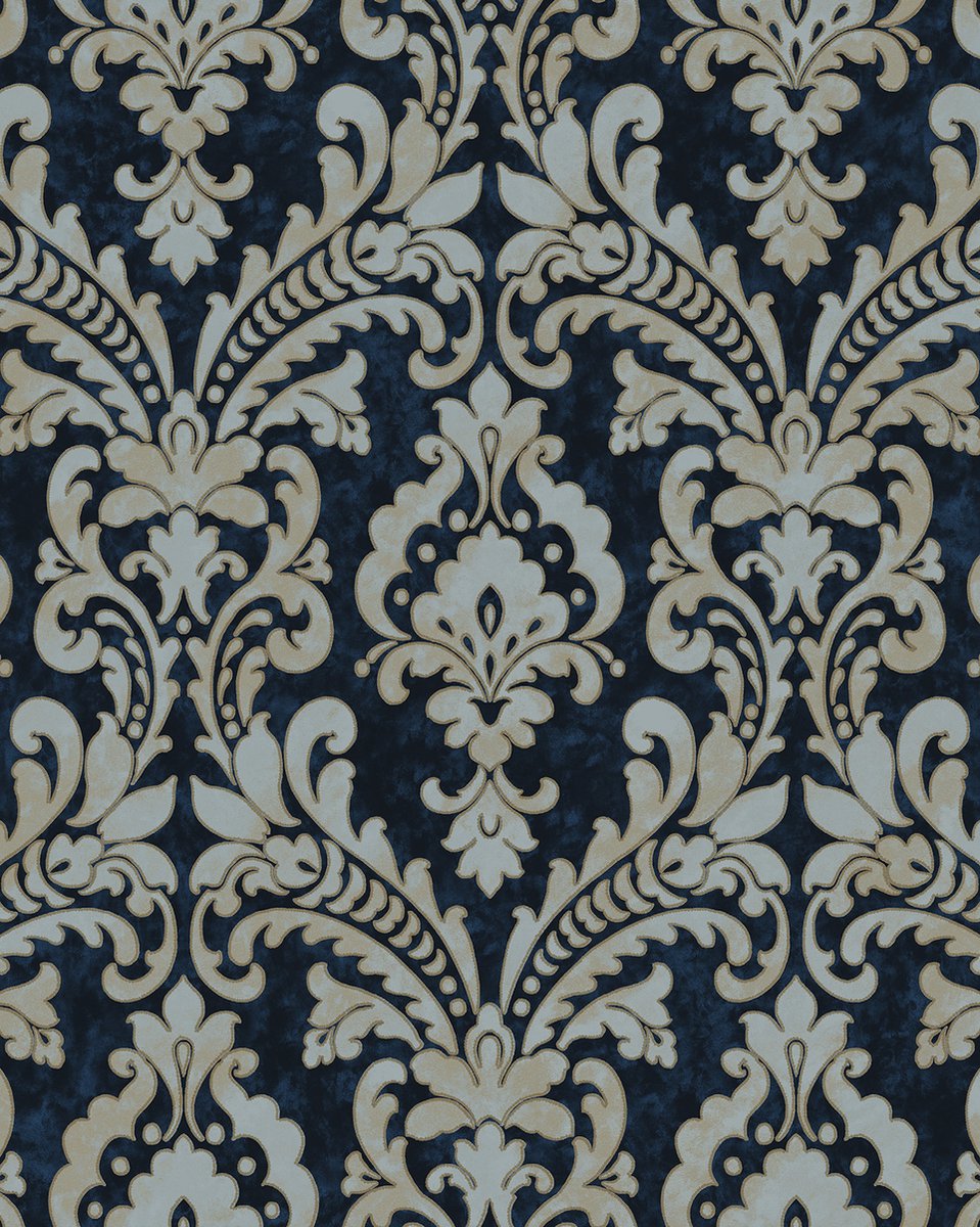 Barok behang Profhome VD219175-DI vliesbehang hardvinyl warmdruk in reliëf gestempeld met ornamenten glinsterend blauw goud lichtgrijs 5,33 m2
