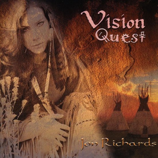 Albumhoes 'Vision Quest' van Jon Richards. Portret van een vrouw met lange haren, in native-stijl kleding. Zonsondergang met tipi's op de achtergrond.