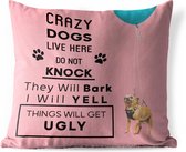 Buitenkussens - Tuin - Honden quote 'Crazy dogs live here' en een roze achtergrond met vliegende honden - 40x40 cm