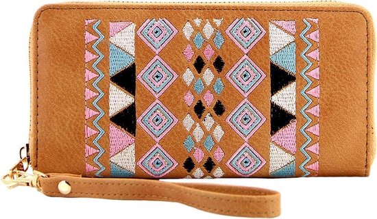 Nouka portemonnee groot, bruin met aztec borduursels | bol.com