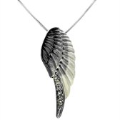 Edelstaal ketting 50 cm met hanger, Vleugel met 3 kleur van parelmoer, zilver en grijstinten, zirkonia's, R-Design.