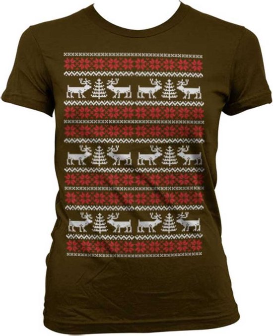 Dames Fun Tshirt -2XL- Christmas Knit Pattern Bruin