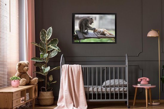 Poster in lijst - Fotolijst 90x60 cm - Posters - Kat - Aap - Hout - Posterlijst zwart - Decoratie - Wanddecoratie woonkamer - Muurdecoratie slaapkamer